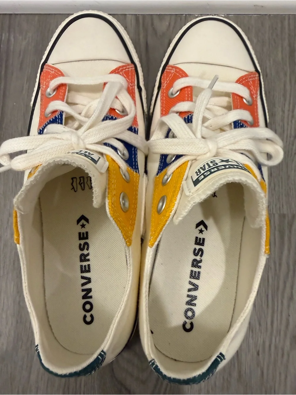 Converse Low Top Sneakers in Cream with Orange, Blue & Yellow Panels